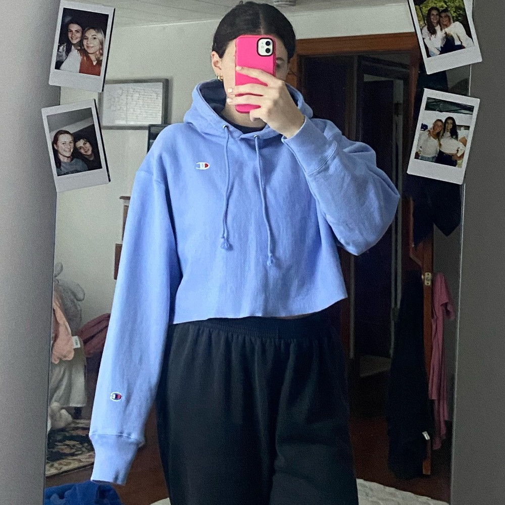 Champion Women's Reverse Weave Cropped Cut-Off Hoodie, Left Chest C